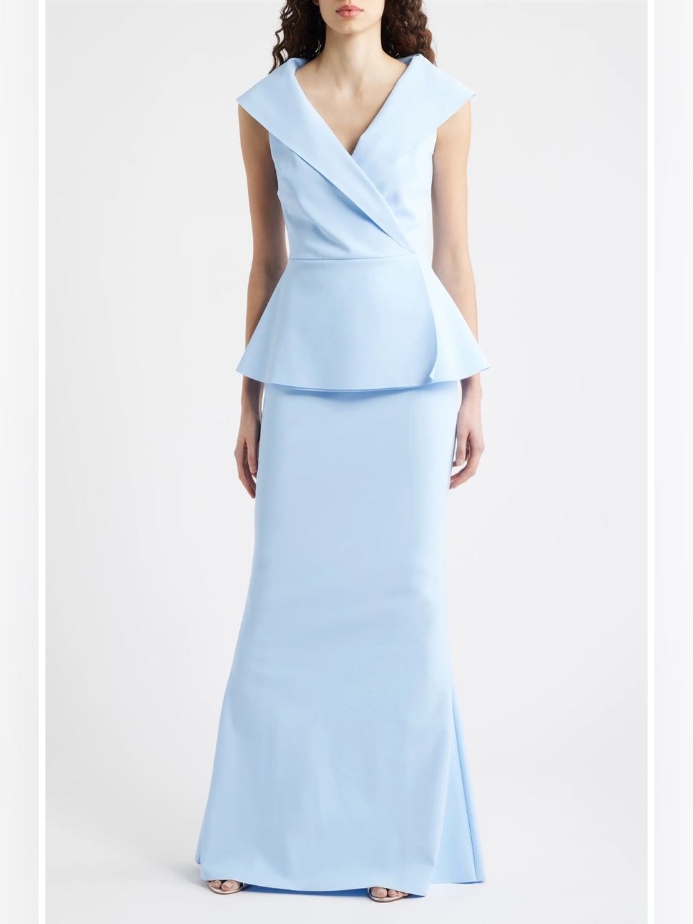 NEW Chiara Boni La Petite Robe Blue Portrait Collar Peplum Gown, Size 14 US